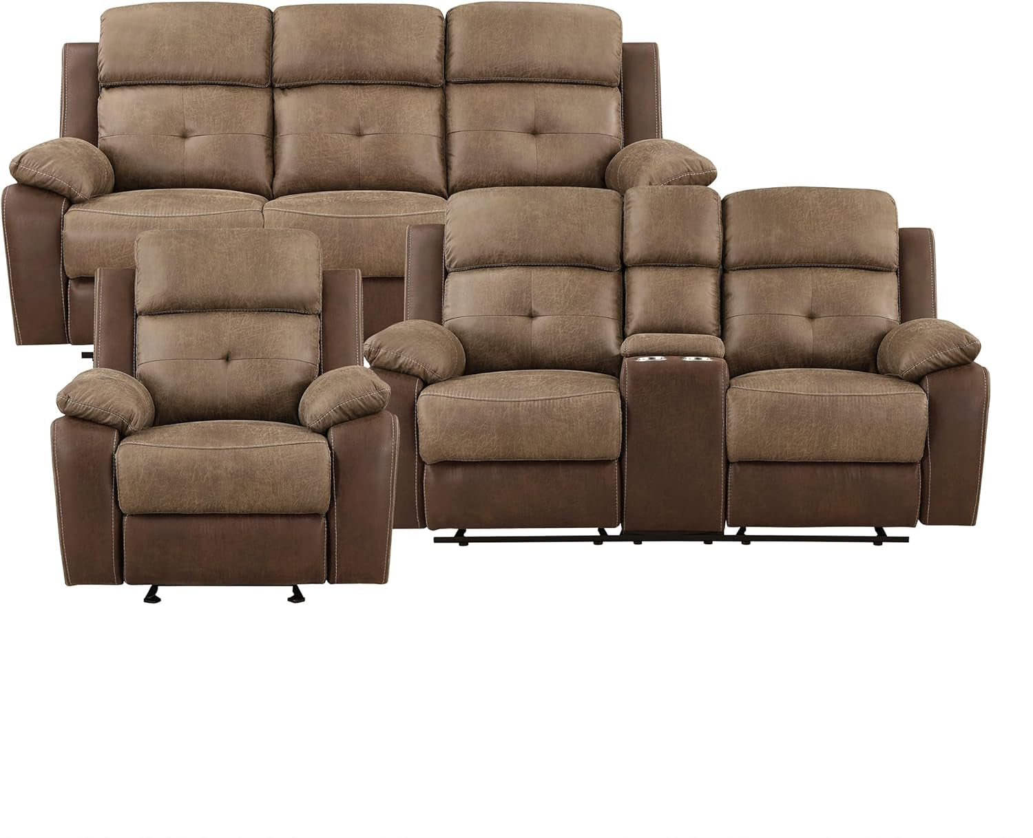 Marianna 3-Piece Reclining Living Room Sofa Set, Brown-2