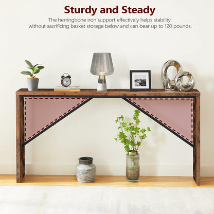 Console Table, 62.2" Long Sofa Table behind Couch, Narrow Entryway Table, Farmhouse Dining Table with Angled Metal Frame, Industrial Console Table for Entryway, Rustic Brown CTHR15801Z-3