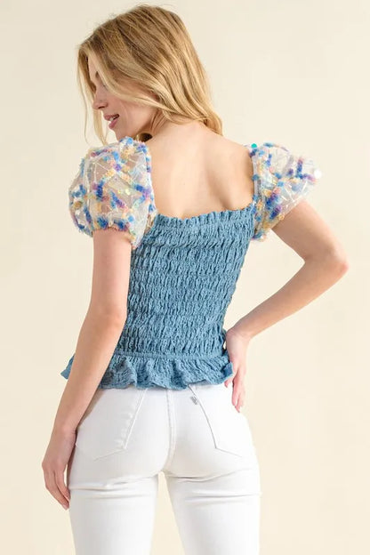 And The Why Embellishment Sleeve Smocked Top