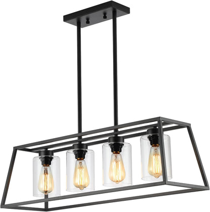 Black Farmhouse Chandeliers for Dining Room, Rustic Kitchen Island Light Fixture, 4-Light Linear Pendant Lights Kitchen Island with Glass Shade ，Apply to Dining Room Light Fixtures over Table-1