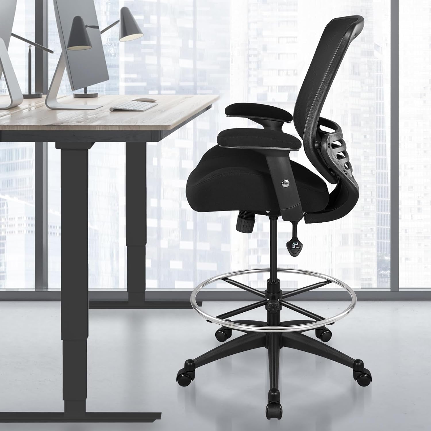 400Lbs Mesh Ergonomic Office Drafting Chair Big Adjustable Foot Ring Height Adjustable Armrest(Black)-3