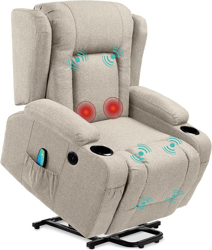 Modern Linen Electric Power Lift Chair, Recliner Massage Chair, Adjustable Furniture for Back, Legs W/ 3 Positions, USB Port, Heat, Cupholders, Easy-To-Reach Button - Greige-0