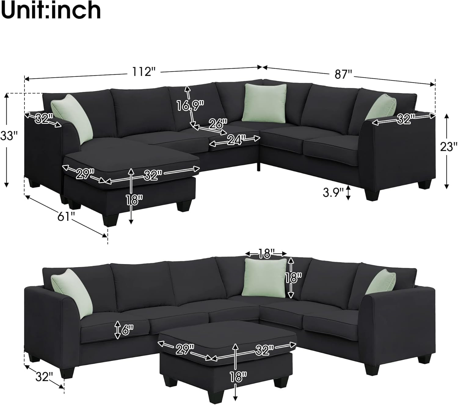 Large U Shaped Sectional Sofa with Removable Ottoman for Living Room, 7 Seats Modular Sofa with Wide Chaise Lounge & 3 Pillows, 112” Fabric Corner Couch Set for Large Space, Black-1