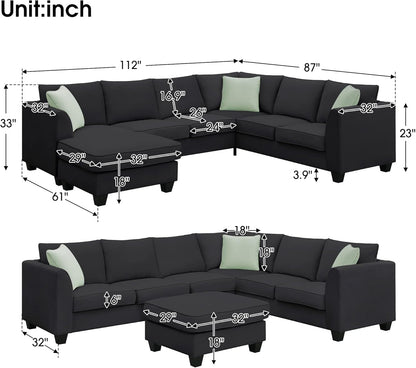 Large U Shaped Sectional Sofa with Removable Ottoman for Living Room, 7 Seats Modular Sofa with Wide Chaise Lounge & 3 Pillows, 112” Fabric Corner Couch Set for Large Space, Black-1