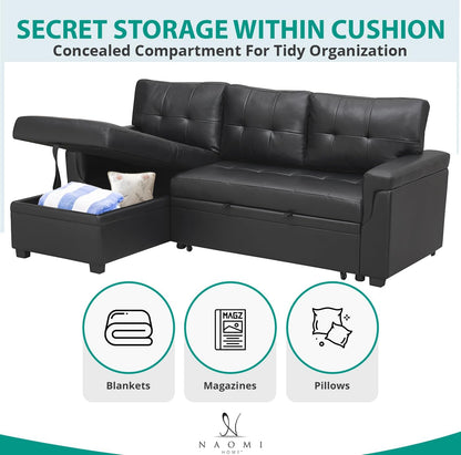 Jenny Sectional Sofa Sleeper with Storage Chaise, Tufted Pull Out Couch with Storage, Sectional Bed, L-Shaped Reversible Sleeper Sofa, Black,Air Leather-4