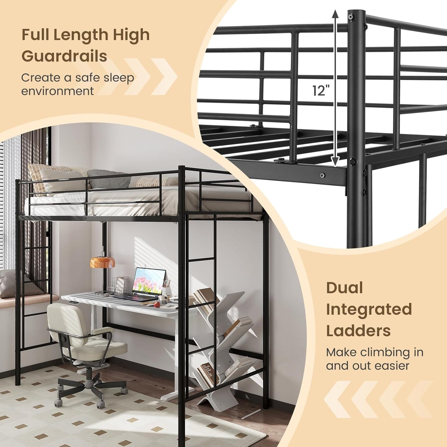 Black Twin Loft Bed with Dual Ladders-4