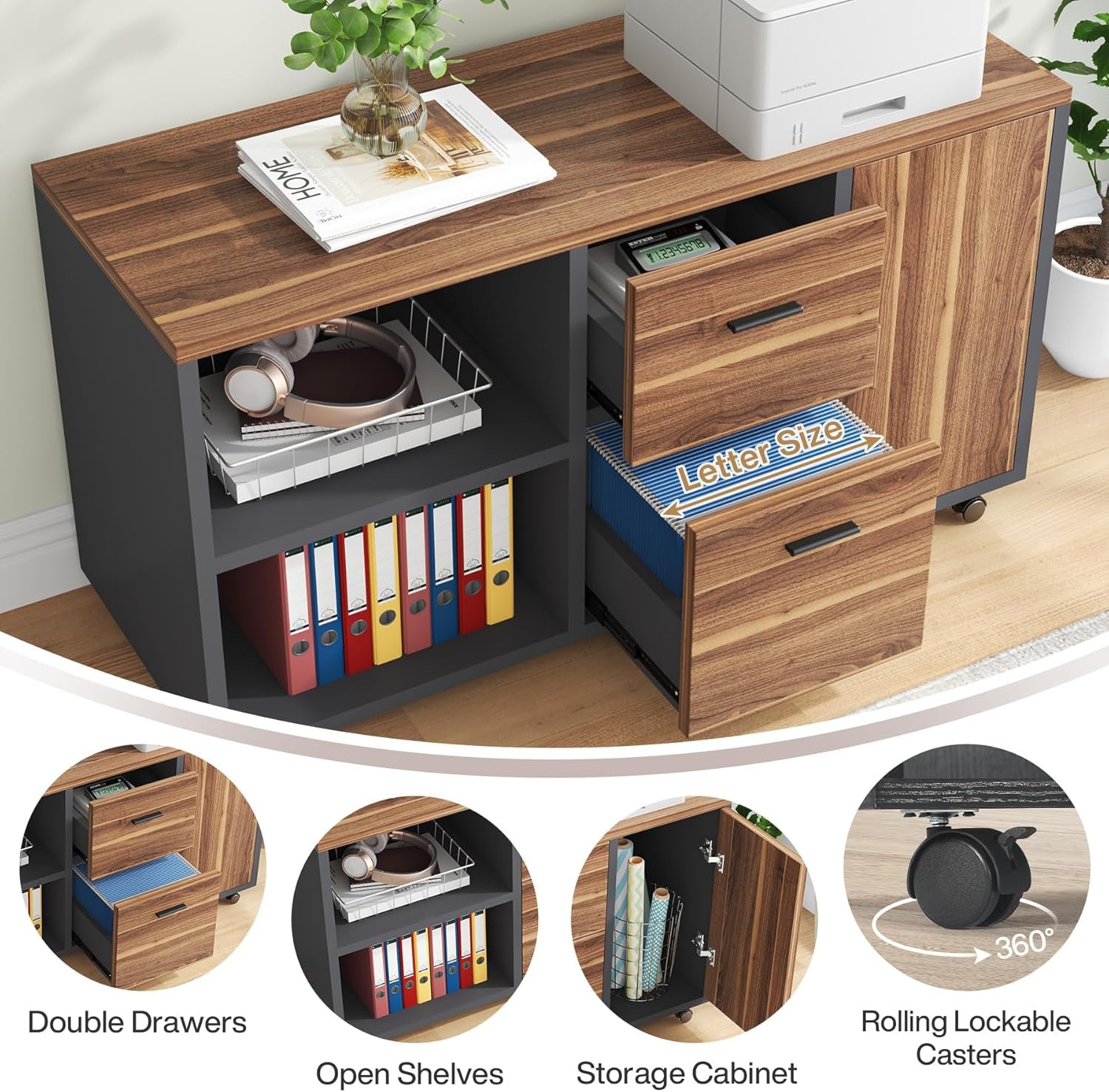 71" Walnut Executive L Desk with File Cabinet-4