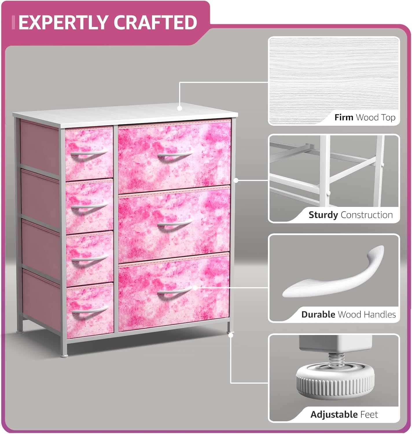 Kids Dresser with 7 Drawers - Storage Chest Organizer Unit with Steel Frame, Wood Top & Handles, Tie-Dye Fabric Bins for Clothes - Wide Furniture for Bedroom Hallway Kids Room Nursery & Closet-3