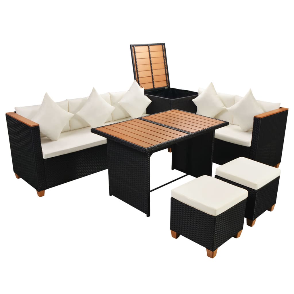 vidaXL 7 Piece Patio Lounge Set with Cushions Poly Rattan Black-1