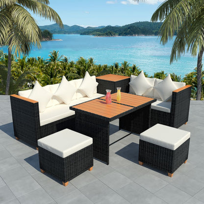 vidaXL 7 Piece Patio Lounge Set with Cushions Poly Rattan Black-0