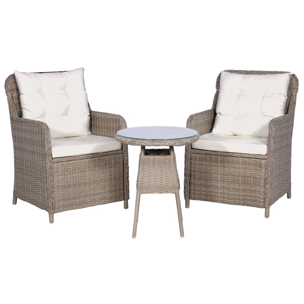 vidaXL 3 Piece Bistro Set with Cushions and Pillows Poly Rattan Brown-1