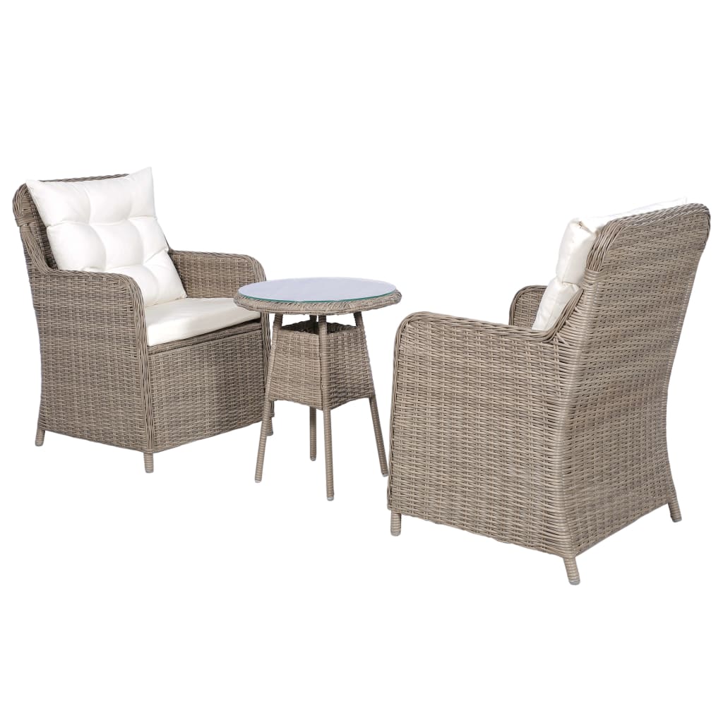 vidaXL 3 Piece Bistro Set with Cushions and Pillows Poly Rattan Brown-0