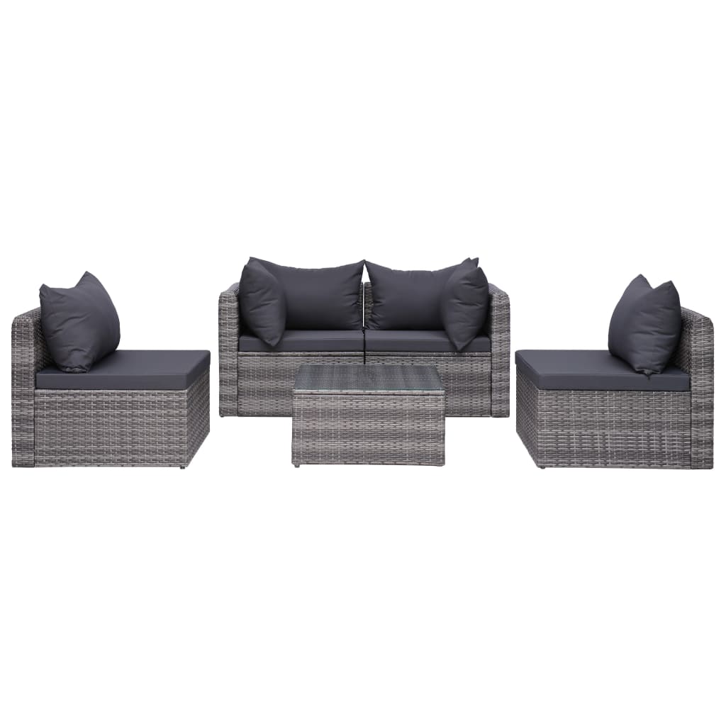 vidaXL 5 Piece Patio Sofa Set with Cushions & Pillows Poly Rattan Gray-3