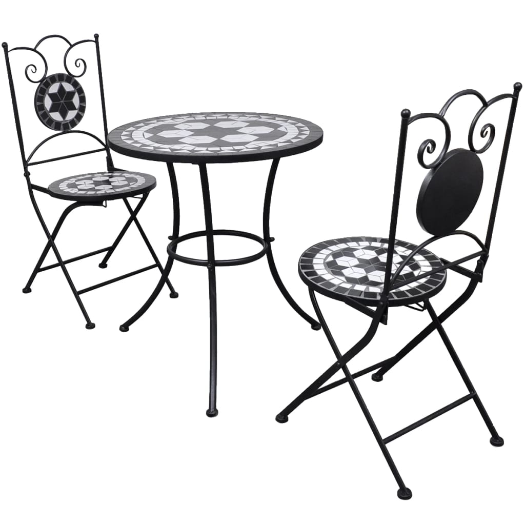 vidaXL 3 Piece Bistro Set Ceramic Tile Black and White-0