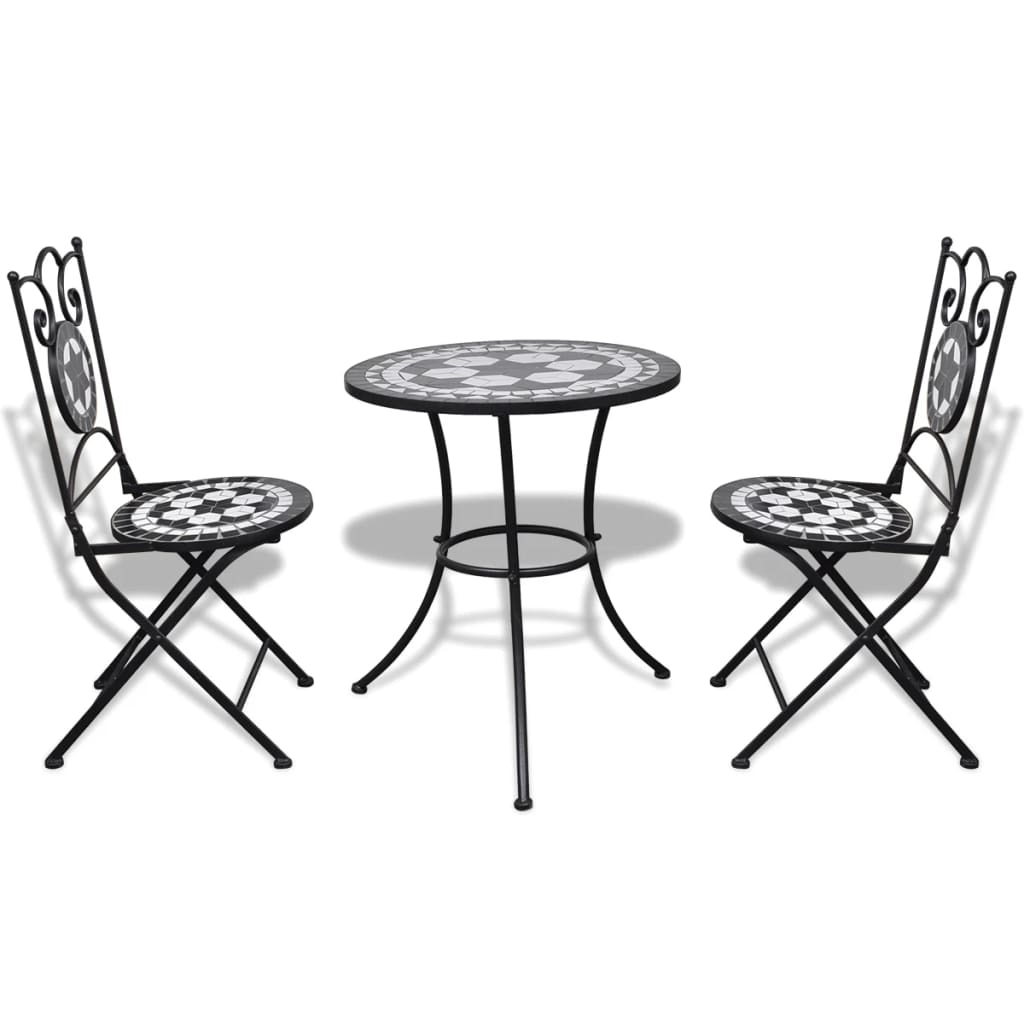 vidaXL 3 Piece Bistro Set Ceramic Tile Black and White-2