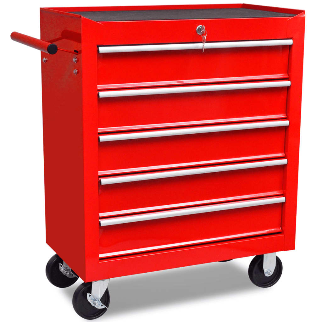 vidaXL Red Workshop Tool Trolley 5 Drawers-1