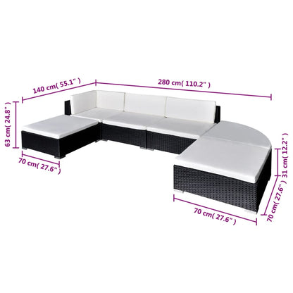 vidaXL 6 Piece Patio Lounge Set with Cushions Poly Rattan Black-4