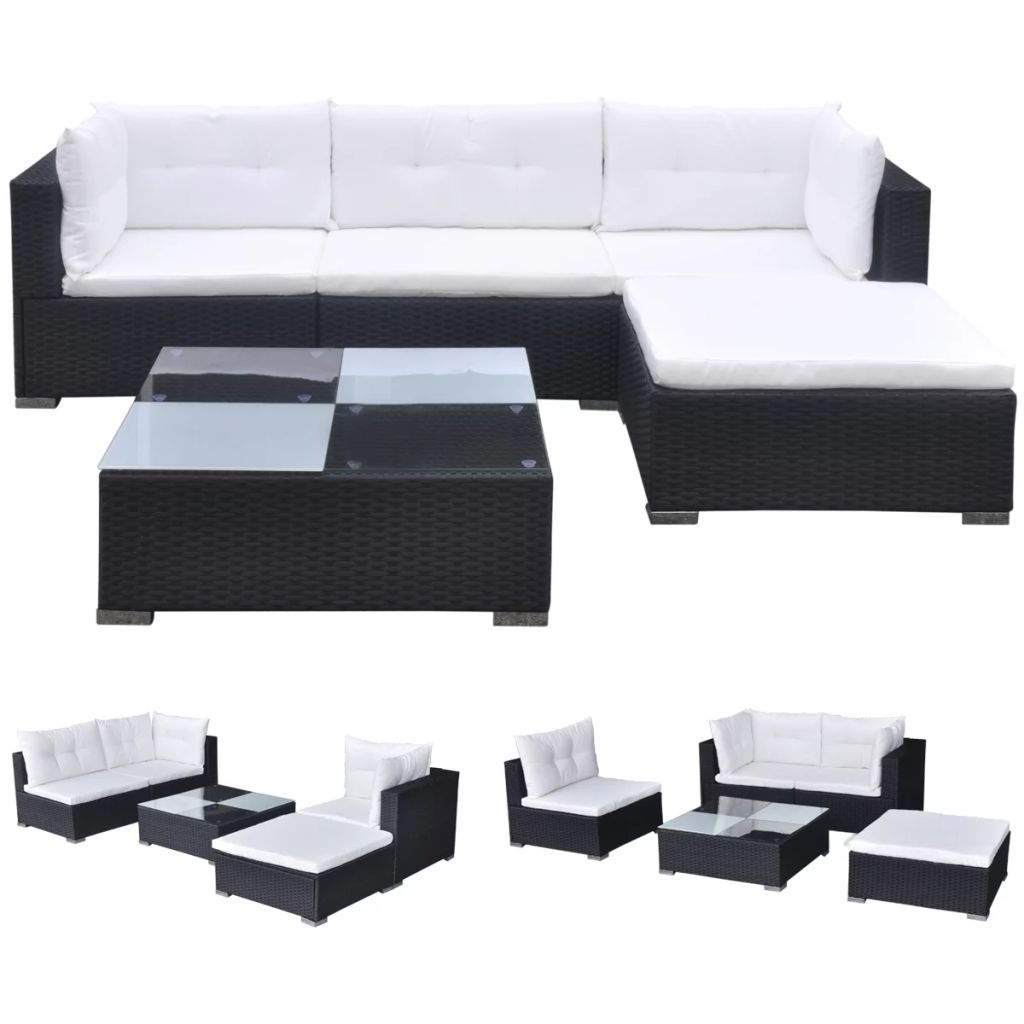 vidaXL 5 Piece Patio Lounge Set with Cushions Poly Rattan Black-1