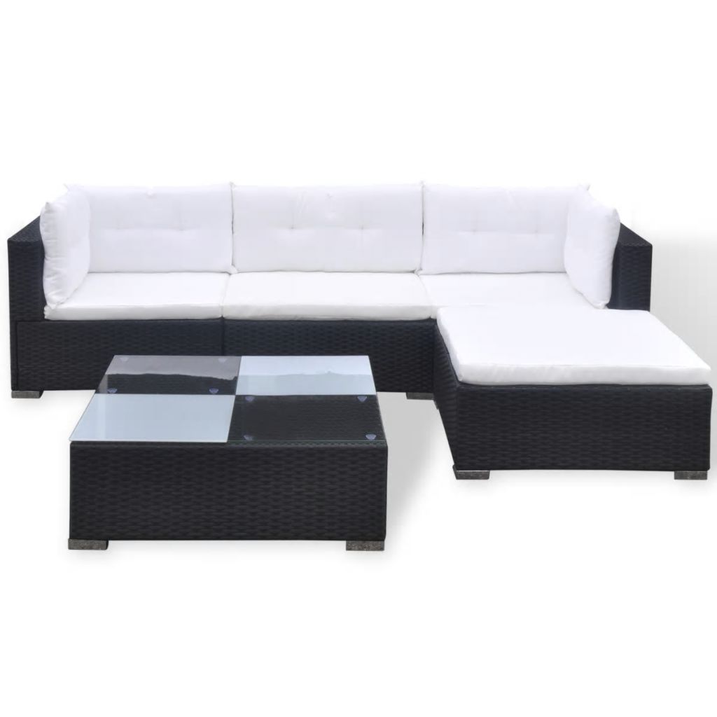 vidaXL 5 Piece Patio Lounge Set with Cushions Poly Rattan Black-2