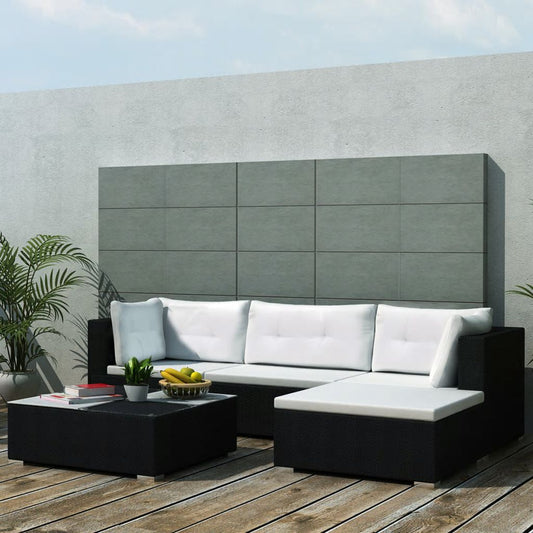 vidaXL 5 Piece Patio Lounge Set with Cushions Poly Rattan Black-0