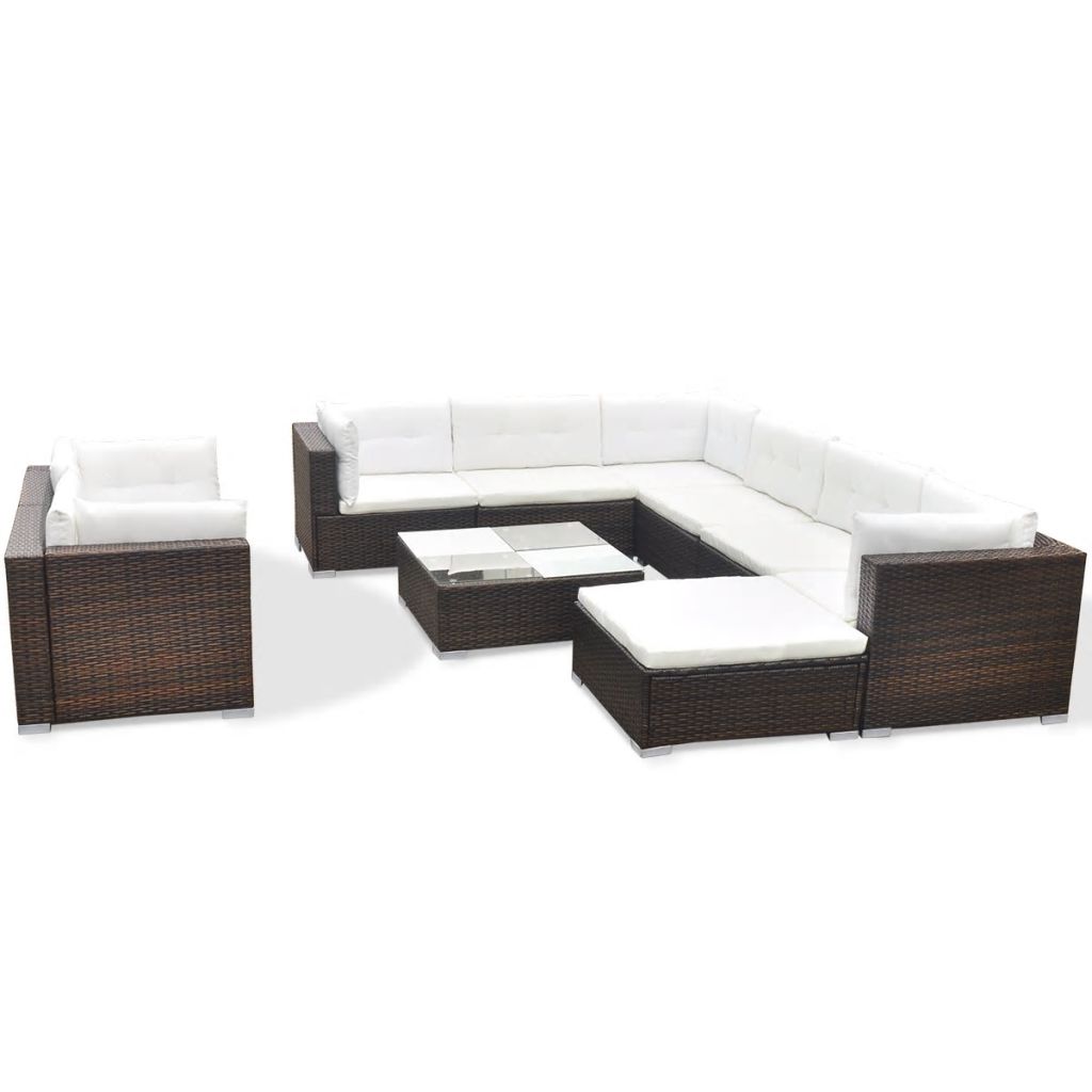 vidaXL 10 Piece Patio Lounge Set with Cushions Poly Rattan Brown-1