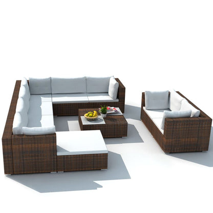 vidaXL 10 Piece Patio Lounge Set with Cushions Poly Rattan Brown-2