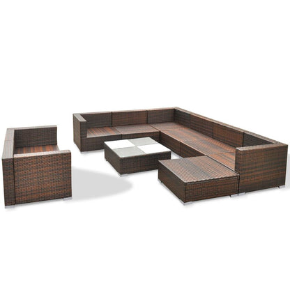 vidaXL 10 Piece Patio Lounge Set with Cushions Poly Rattan Brown-4