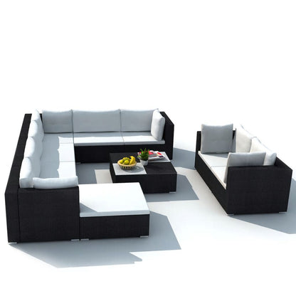 vidaXL 10 Piece Patio Lounge Set with Cushions Poly Rattan Black-2