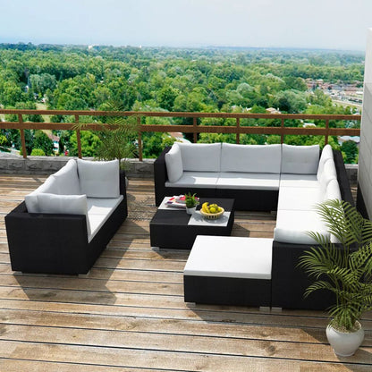 vidaXL 10 Piece Patio Lounge Set with Cushions Poly Rattan Black-0