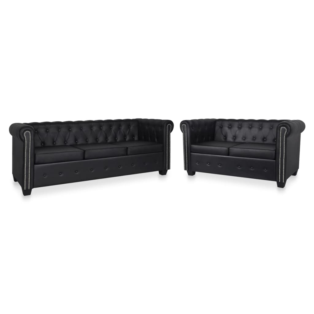 vidaXL Chesterfield Sofa Set 2-Seater and 3-Seater Black Faux Leather-0