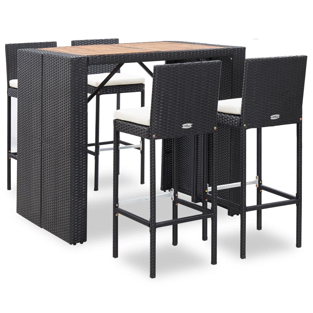 vidaXL 5 Piece Patio Bar Set Poly Rattan and Acacia Wood Black-0