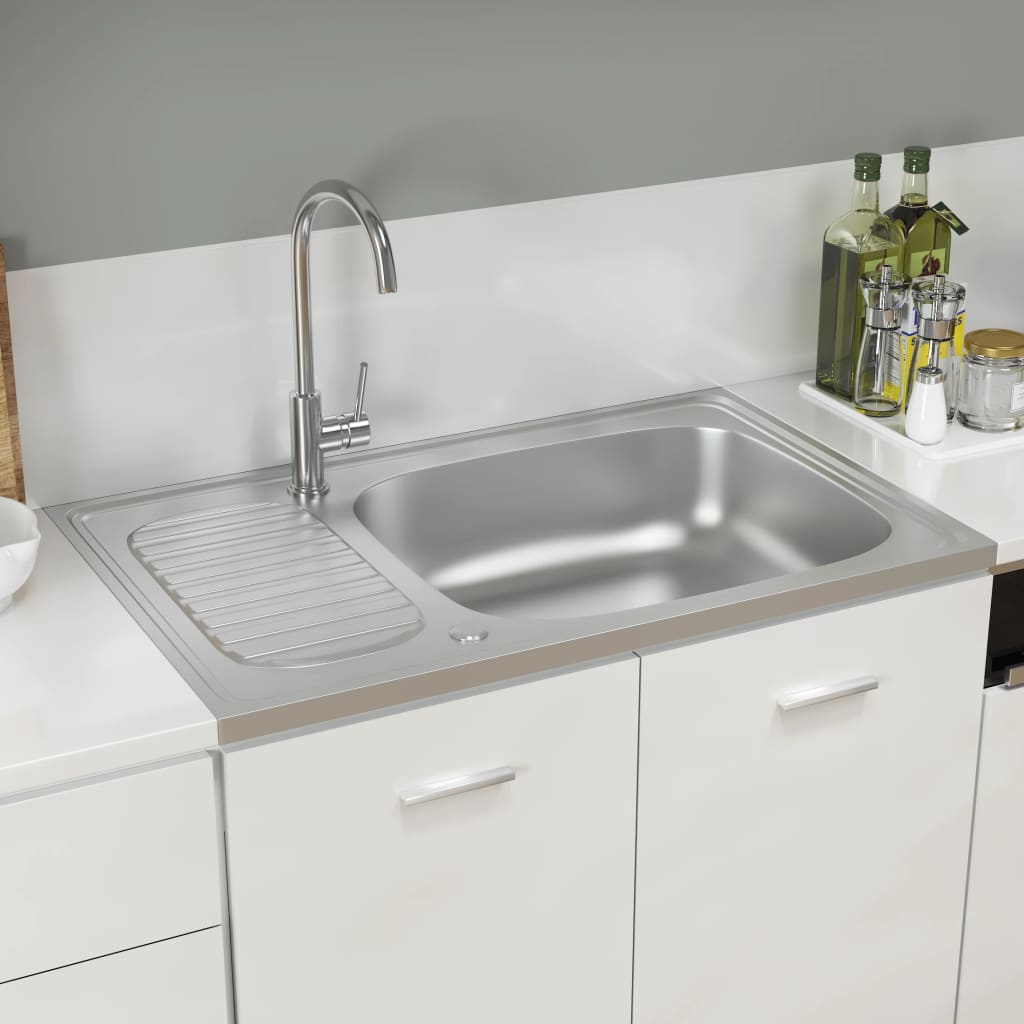 vidaXL Kitchen Sink Undermount Sink with Strainer Stainless Steel Sink Silver-5