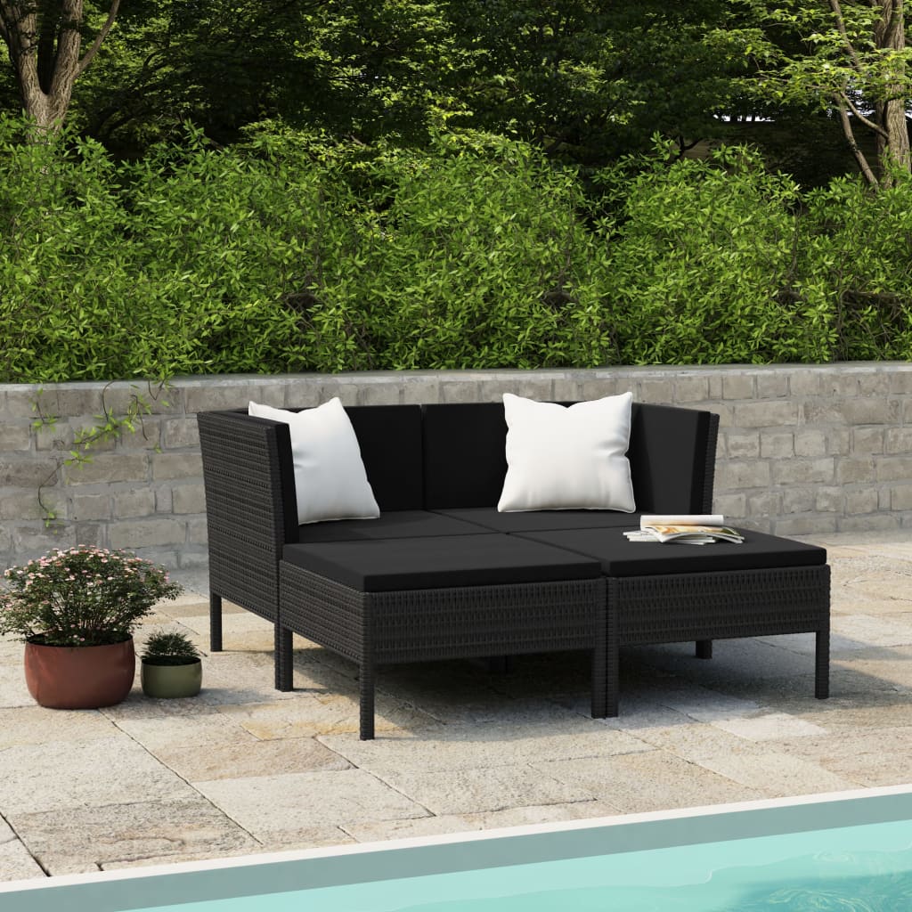 vidaXL 4 Piece Patio Lounge Set with Cushions Poly Rattan Black-0