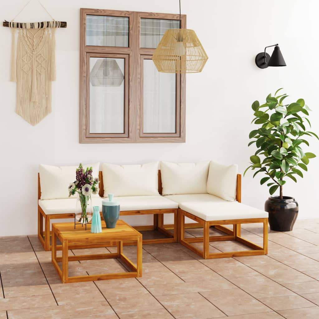 vidaXL 5 Piece Patio Lounge Set with Cushion Cream Solid Acacia Wood-2