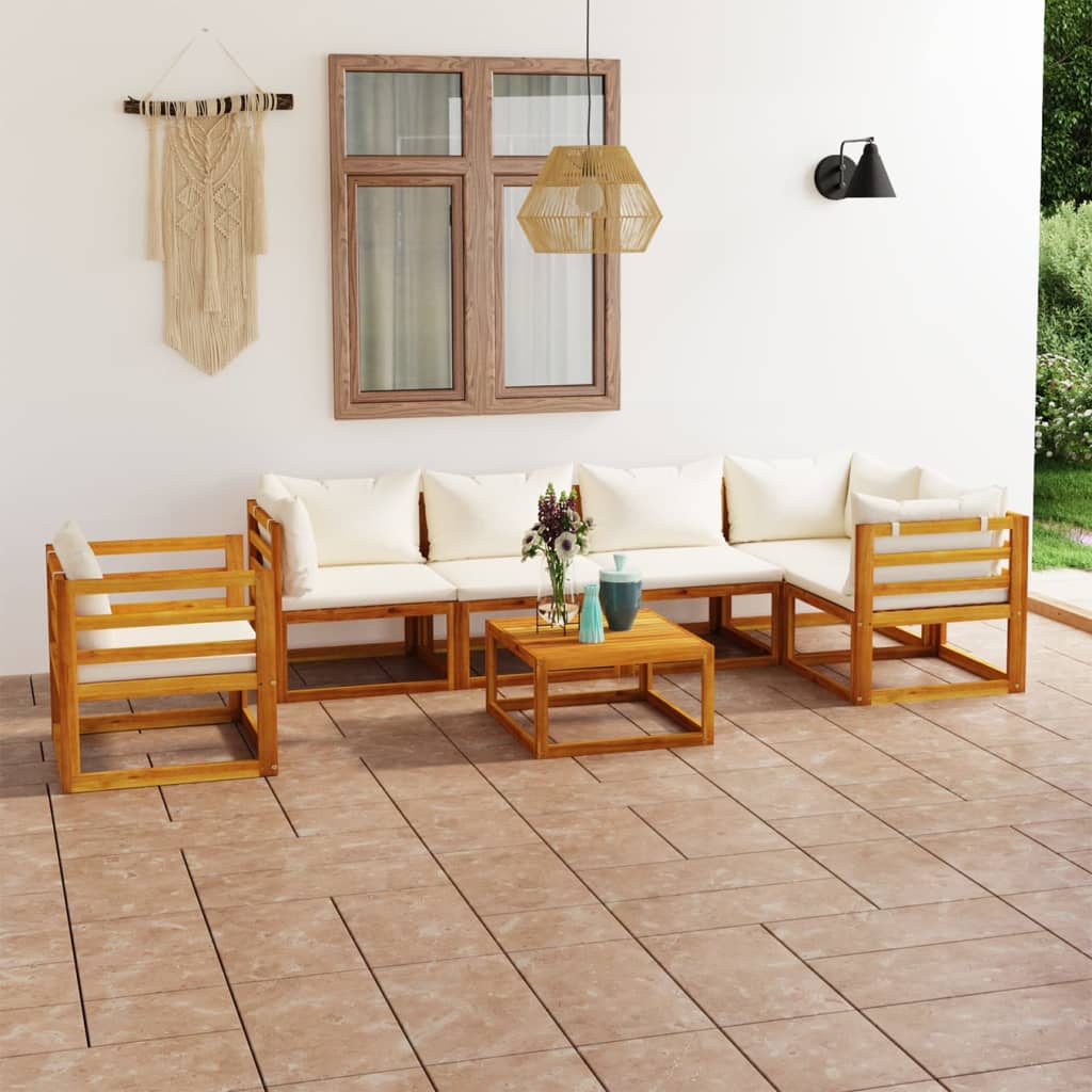 vidaXL 7 Piece Patio Lounge Set with Cushion Cream Solid Acacia Wood-2