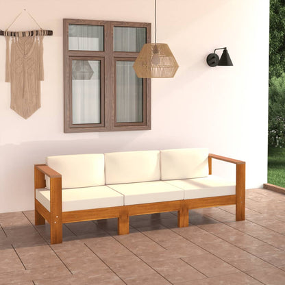 vidaXL 3-Seater Patio Sofa with Cream White Cushions Solid Acacia Wood-3