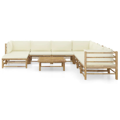 vidaXL 9 Piece Patio Lounge Set with Cream White Cushions Bamboo-0