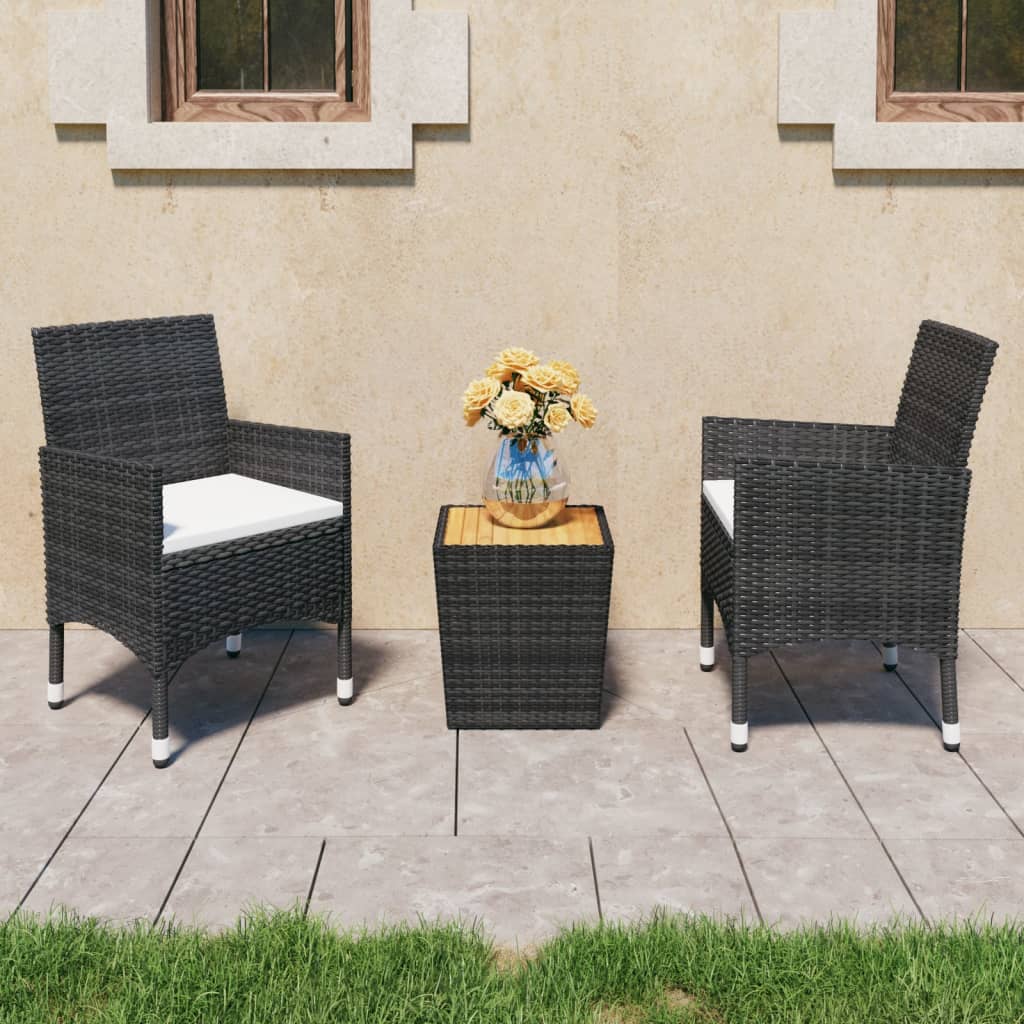 vidaXL 3 Piece Bistro Set Poly Rattan and Acacia Wood Black-1