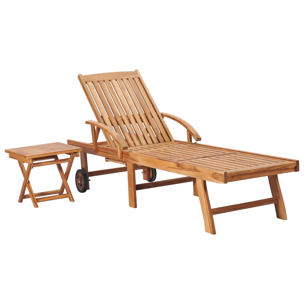 vidaXL Sun Lounger with  Table and Cushion Solid Teak Wood-2