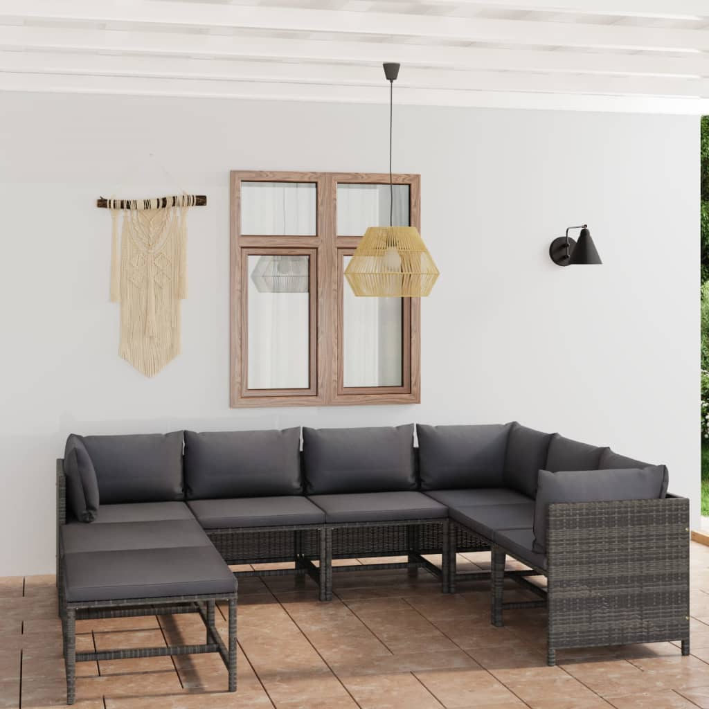 vidaXL 8 Piece Patio Lounge Set with Cushions Poly Rattan Gray-1