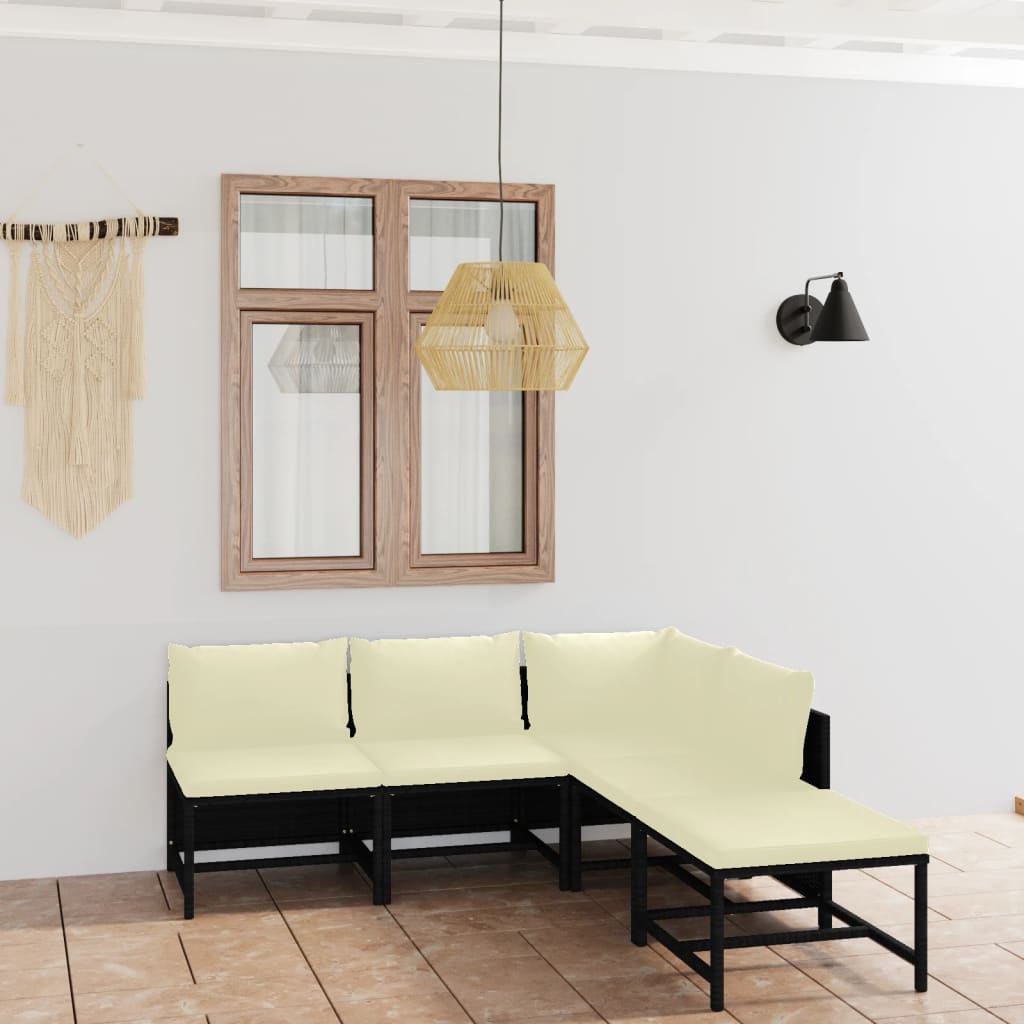 vidaXL 5 Piece Patio Lounge Set with Cushions Poly Rattan Black-2