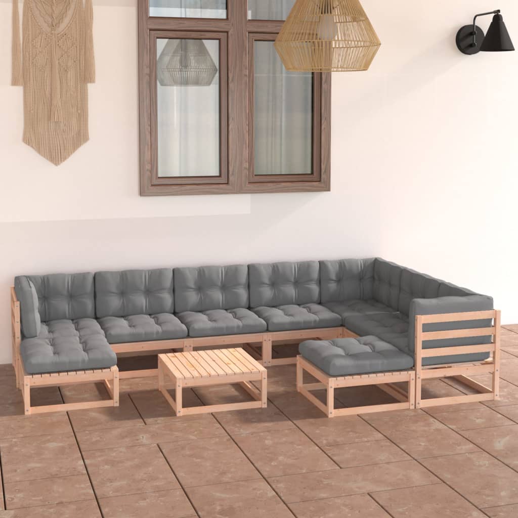vidaXL 10 Piece Patio Lounge Set with Cushions Solid Wood Pine-2