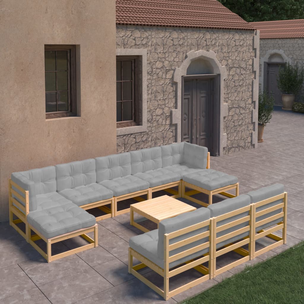 vidaXL 11 Piece Patio Lounge Set with Cushions Solid Wood Pine-2