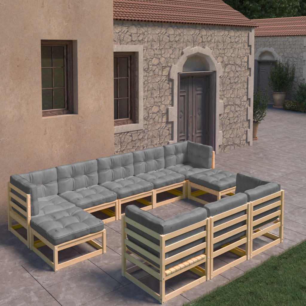 vidaXL 10 Piece Patio Lounge Set with Cushions Solid Wood Pine-5