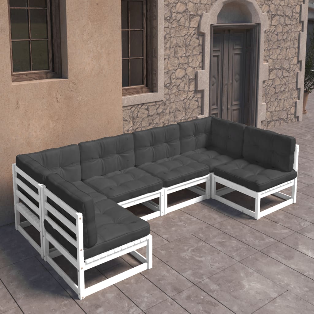 vidaXL 6 Piece Patio Lounge Set with Cushions White Solid Wood Pine-1