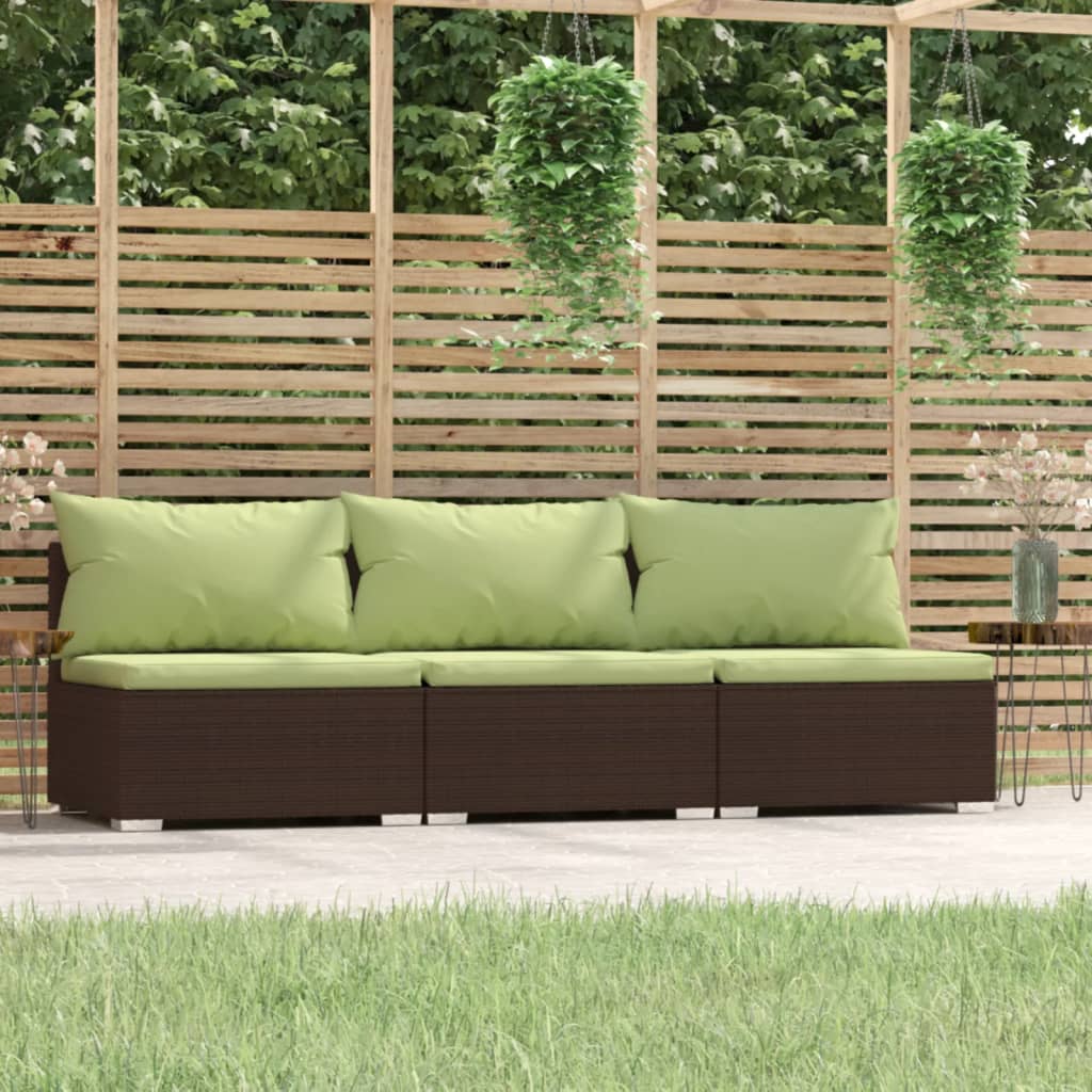 vidaXL 3 Seat Patio Sofa with Cushions Brown Poly Rattan-0