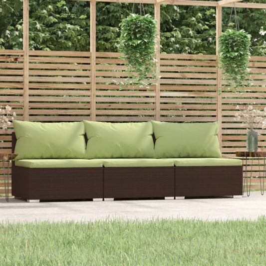 vidaXL 3 Seat Patio Sofa with Cushions Brown Poly Rattan-0