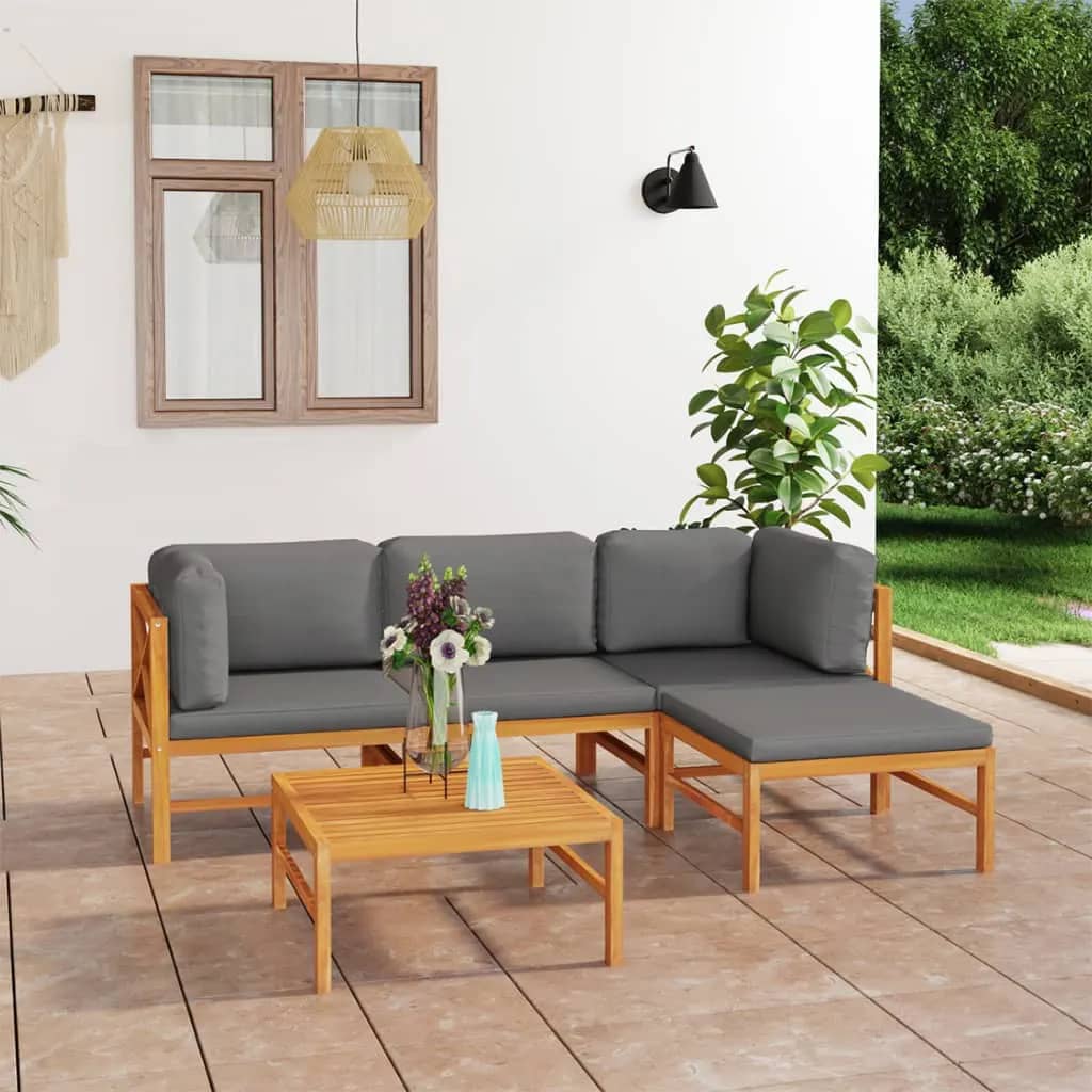 vidaXL 5 Piece Patio Lounge Set with Gray Cushions Solid Teak Wood-1
