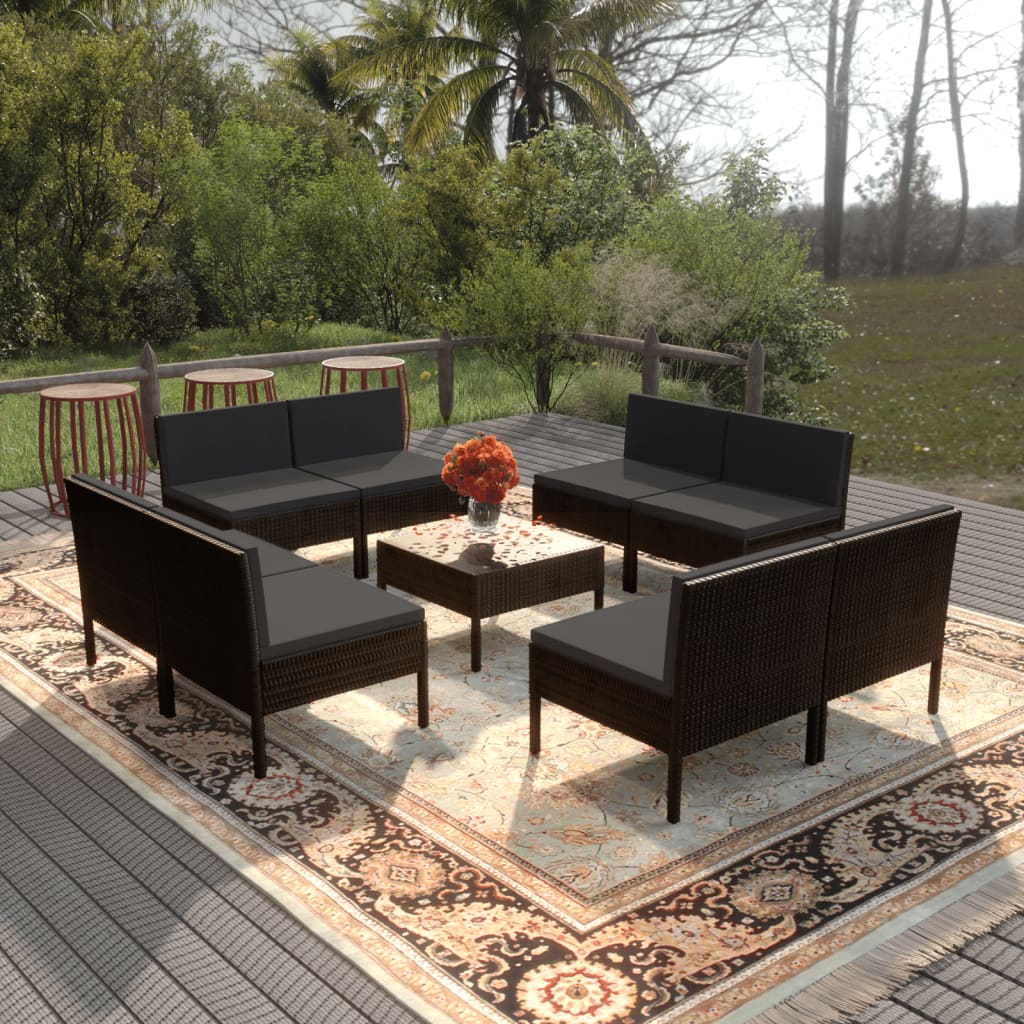 vidaXL 9 Piece Patio Lounge Set with Cushions Poly Rattan Black-0