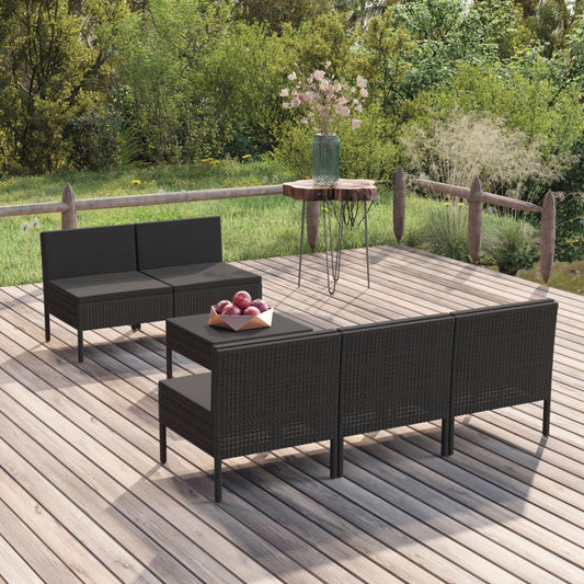 vidaXL 6 Piece Patio Lounge Set with Cushions Poly Rattan Black-0